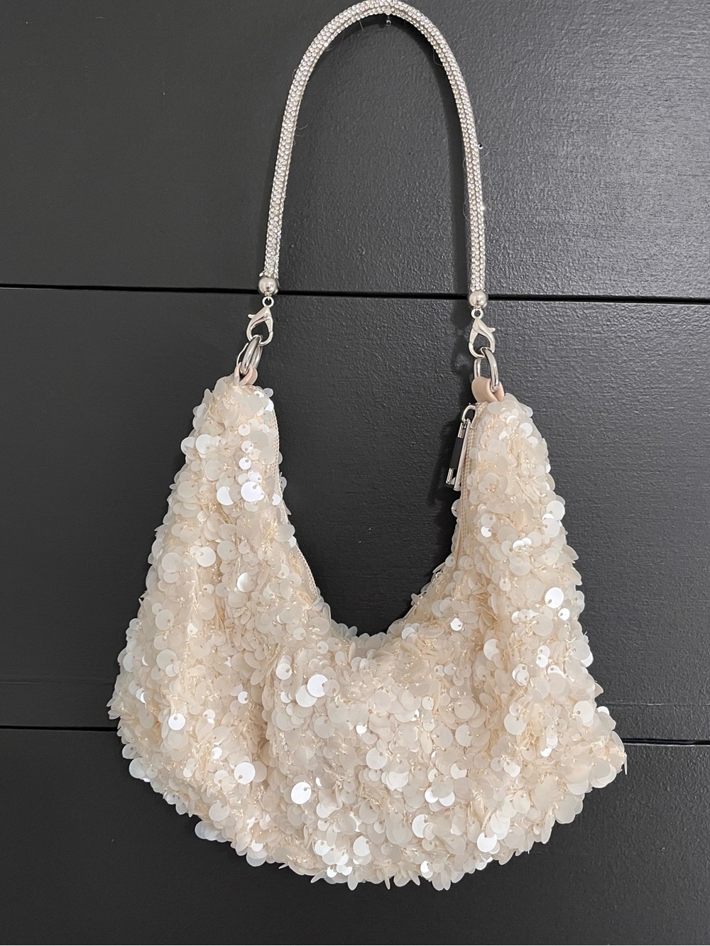 Ivory Sequin Hobo Small Shoulder Bag Ibiza Y2K Glam Evening Purse NWOT